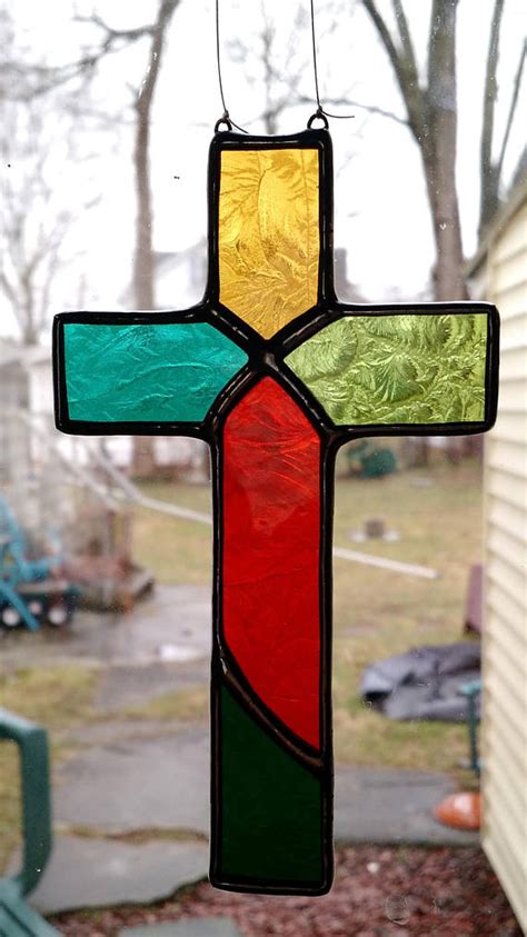 Stained Glass Cross Crucifix Suncatcher Multi Colored Orange Amber Blue And Green Stain