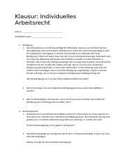 Arbeitsrecht Probeklausur Ohne L Sung Docx Klausur Individuelles