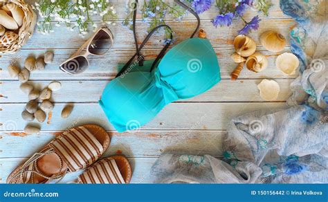 Women Clothes Bikini Bra Beach Summer Background Beach Wear Sunglass Sandal Seashell Scarf Blue