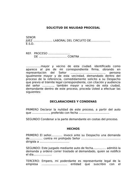 Solicitud De Nulidad Procesal Solicitud De Nulidad Procesal Senor