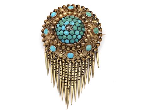 Victorian Etruscan Revival Diamond And Turquoise Tassel Brooch