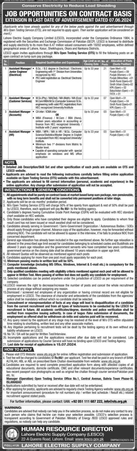 WAPDA LESCO Jobs 2024 Lahore Electric Supply Company