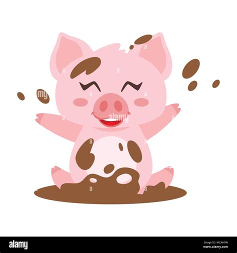 Vector Cartoon Style Illustration Of Cute Happy Pink Pig Bathing In Mud