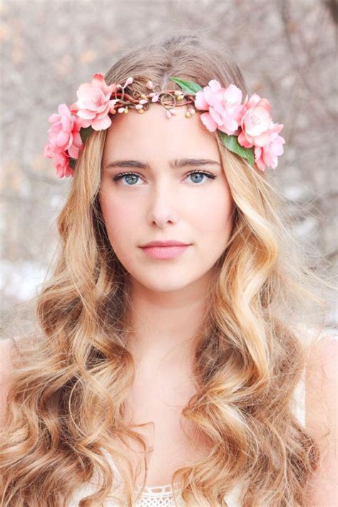 Peachy Floral Hair Crown Woodland Flower Crown Bridal Head Wreath