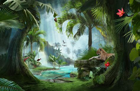 Forest Lagoon with a panther wallpaper mural | Jungle wall mural ...