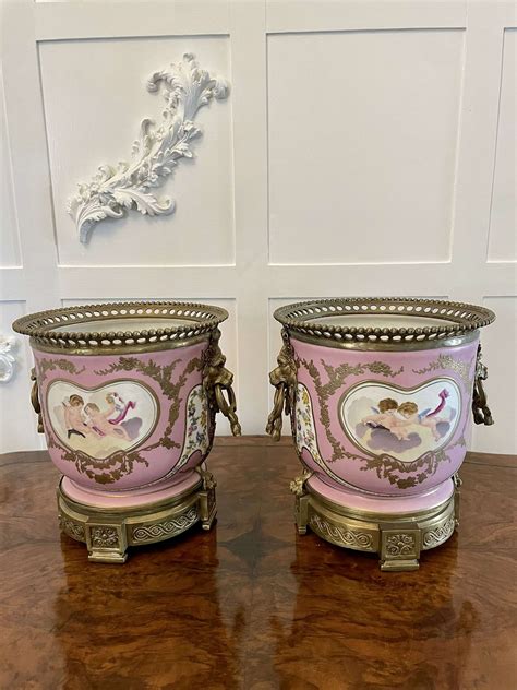 Quality Pair Of Antique Continental Porcelain Mounted Jardini Res In