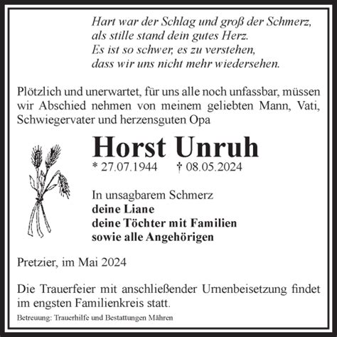 Traueranzeigen Von Horst Unruh Abschied Nehmen De