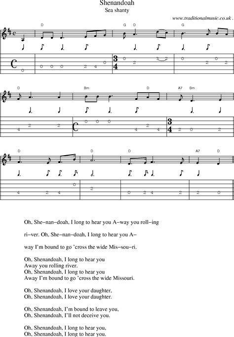 Folk And Traditional Music Sheet Music Guitar Tab Mp3 Audio Midi And Pdf For Shenandoah