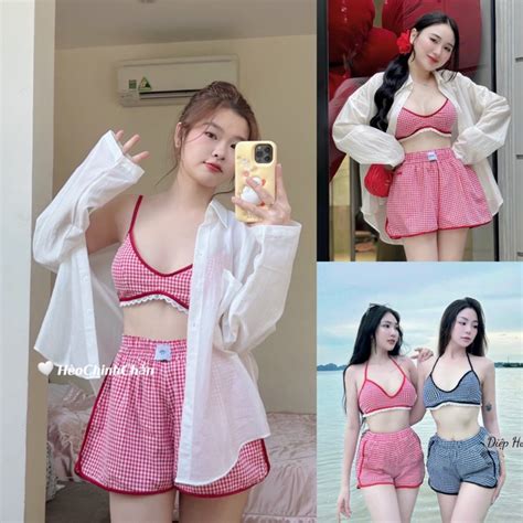 Bigsize Set bộ bikini du lịch đi biển món caro quần đùi thoải mái kèm áo sơ mi voan trắng