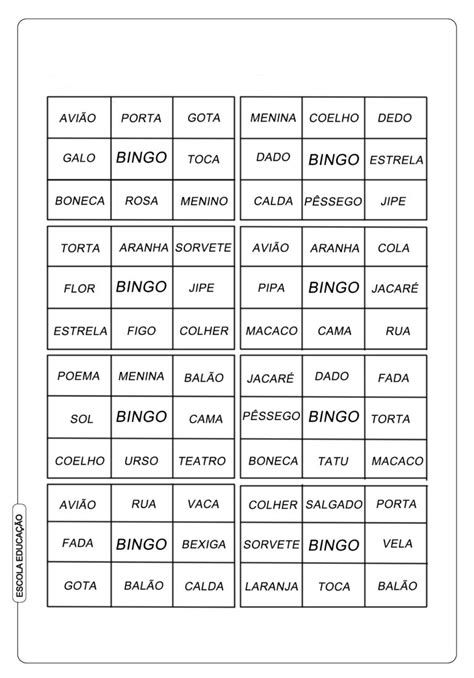 Bingo De Palavras Simples Para Imprimir Alfabetiza O