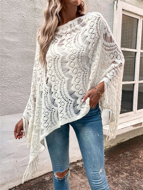 Shein Lune Poncho Ribete Con Fleco De Manga Murci Lago Tejido Abierto