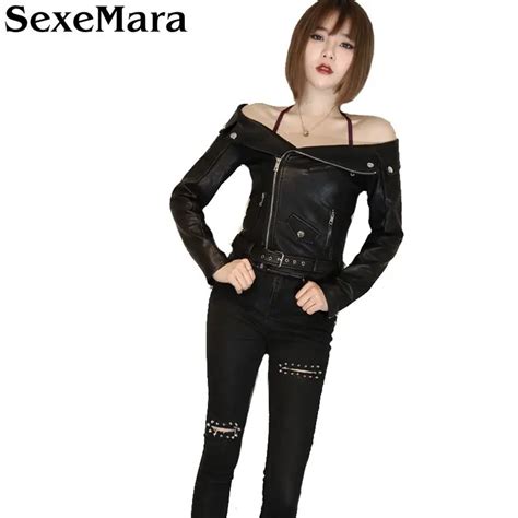 Sexemara Off Shoulder Pu Leather Jacket Women Motorcycle Jacket With Belt Sexy Outwear Coat 2017