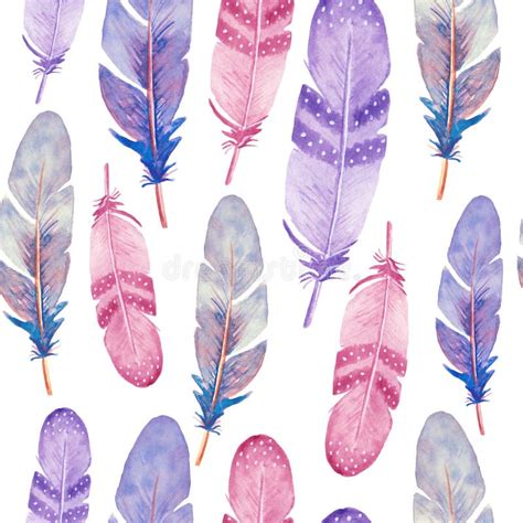 Seamless Pattern With Isolated Watercolor Feathers Hand Painted