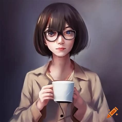 Anime Girl Glasses Short Hair Smile Holding A Cup Of Coffee Overcoat