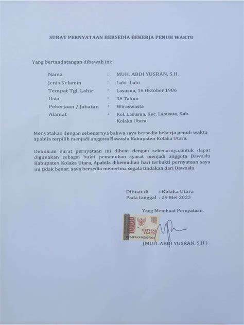 Surat Pernyataan Siap Bekerja Penuh Waktu Pdf