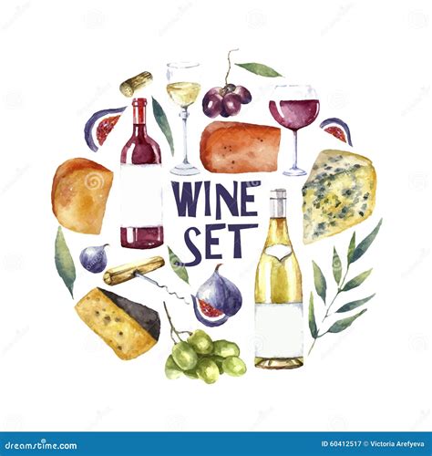 Watercolor Wine Set Round Card Background Stock Vector Illustration