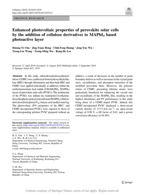 Enhanced Photovoltaic Properties Of Perovskite Solar Cells By The