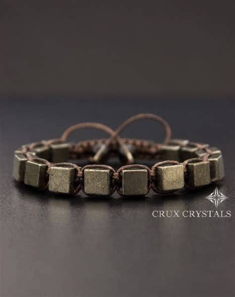 Fools Gold Pyrite Cube Shaped Beaded Mens Bracelet Gemstone Etsy