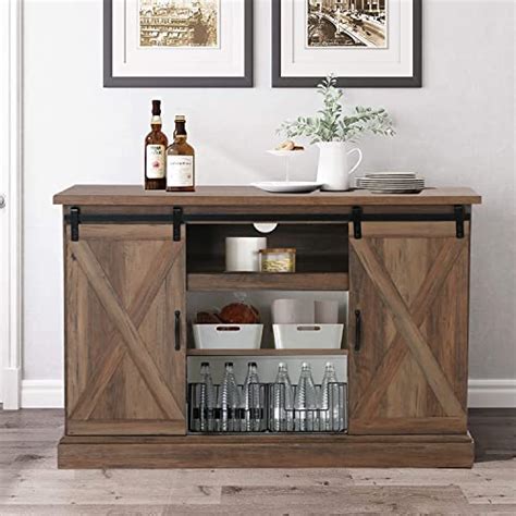 Phi Villa Farmhouse Coffee Bar Cabinet Sliding Barn Door Kitchen