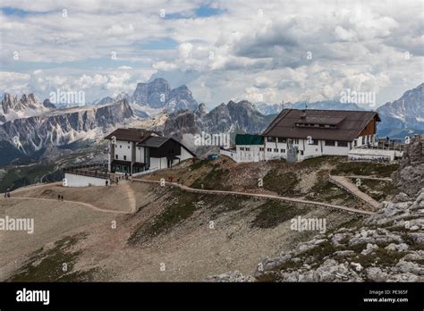 Rifugio Lagazuoi and Lagazuoi Cable Car station above Passo Falzarego ...