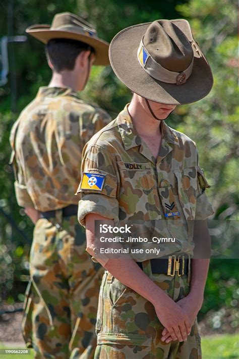 Anzac Day Parade Young Australian Army Cadets In Uniform Heads Bowed In Respect Stock Photo ...