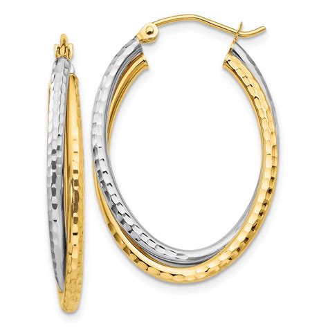 14k Two Tone Diamond Cut Polished Oval Hoop Earring Precious Accents Ltd