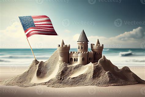 Happy Labor Day Sand Castle With American Flag On Beach Generative Ai