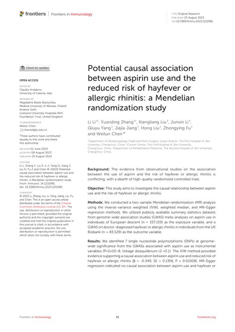 PDF Potential Causal Association Between Aspirin Use And The Reduced