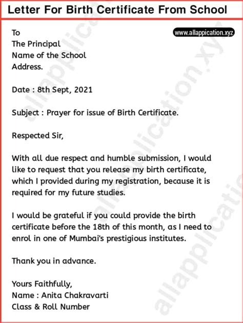 Request Letter For Birth Certificate From School 3 Examples