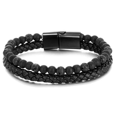 Fako Bijoux® Leren Natuurstenen Armband Heren Zwart Leer Zwarte