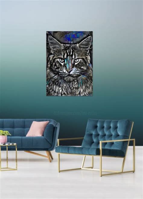 Merkan Cat Mix Media On Panel 70X50 Painting By L Roche Artmajeur