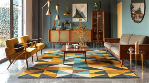 Retro Chic Mid Century Modern Living Room With Bold Geometric Rug In