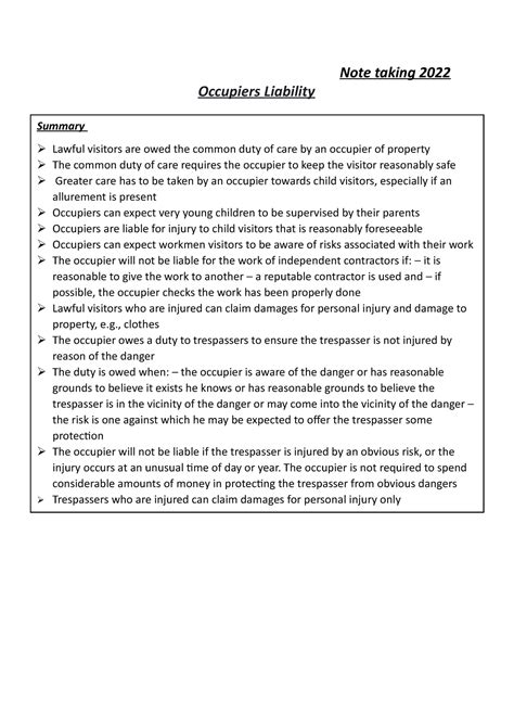 Occupiers Liability Tort Law Note Taking 2022 Occupiers Liability