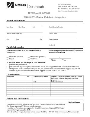 Fillable Online Umassd Online Umass Dartmouth Verification Worksheet