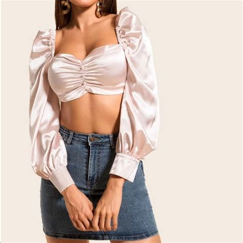 Satin Puff Sleeve Crop Top Gem