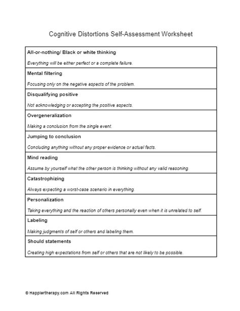 Cognitive Distortions Self Assessment Worksheet Happiertherapy