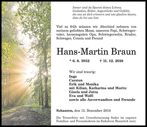 Traueranzeigen Von Hans Martin Braun Rz Trauer De