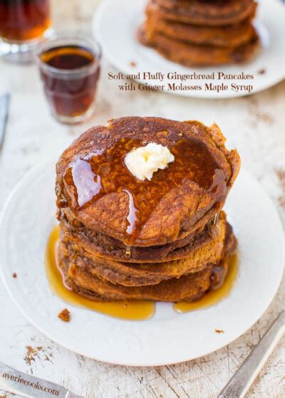 Soft And Fluffy Gingerbread Pancakes With Ginger Molasses Maple Syrup Averie Cooks