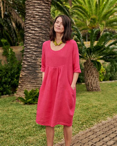 Fuchsia Pink Womens Linen Pocket Tunic Dress Woolovers Au