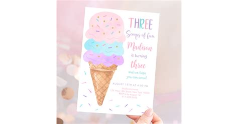 Three Scoops Of Fun Ice Cream Birthday Invitation Zazzle