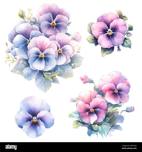 Watercolor Set Of Pansy Flowers Multicolored Pansies Stock Photo Alamy