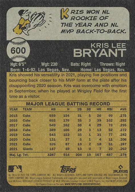 2022 Topps Heritage 600 Kris Bryant Trading Card Database