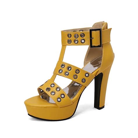 Lib Peep Toe Platforms Rivet Decorated Chunky Heels Ankle Buckle Straps