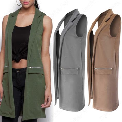 New Ladies Long Duster Jacket Women Zip Pocket Sleeveless Waistcoat