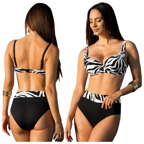 Str J K Pielowy Dwucz Ciowy Pushup Du Y Biust Bikini Wysoki Stan Zebra C Cena Opinie