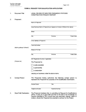 Fillable Online Winnipeg FORM A REQUEST FOR QUALIFICATION APPLICATION