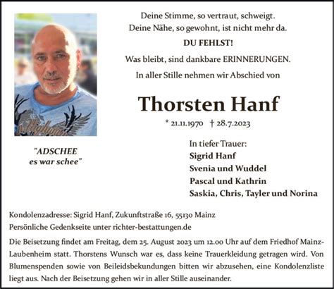 Traueranzeigen Von Thorsten Hanf Vrm Trauer De