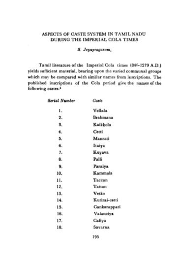 ASPECTS OF CASTE SYSTEM IN TAMIL NADU DURING THE IMPERIAL COLA TIMES : S. Jeyapragasam : Free ...