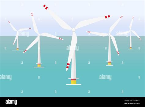 Offshore Wind Farm Vector Illustration Of Windmill Park At Sea Alternative Energy Stock Vector