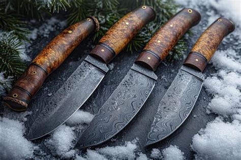 Premium Photo Knives Made Of Damascus Steel On A Wooden Board